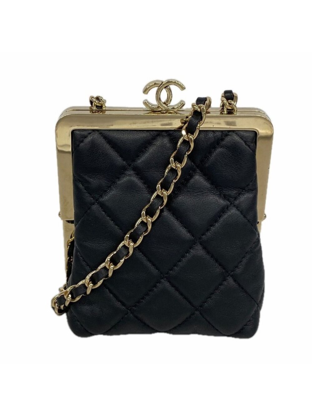 Chanel Shoulder Bag Quilted Kiss Lock Lambskin Plastic Black Champagne Gold